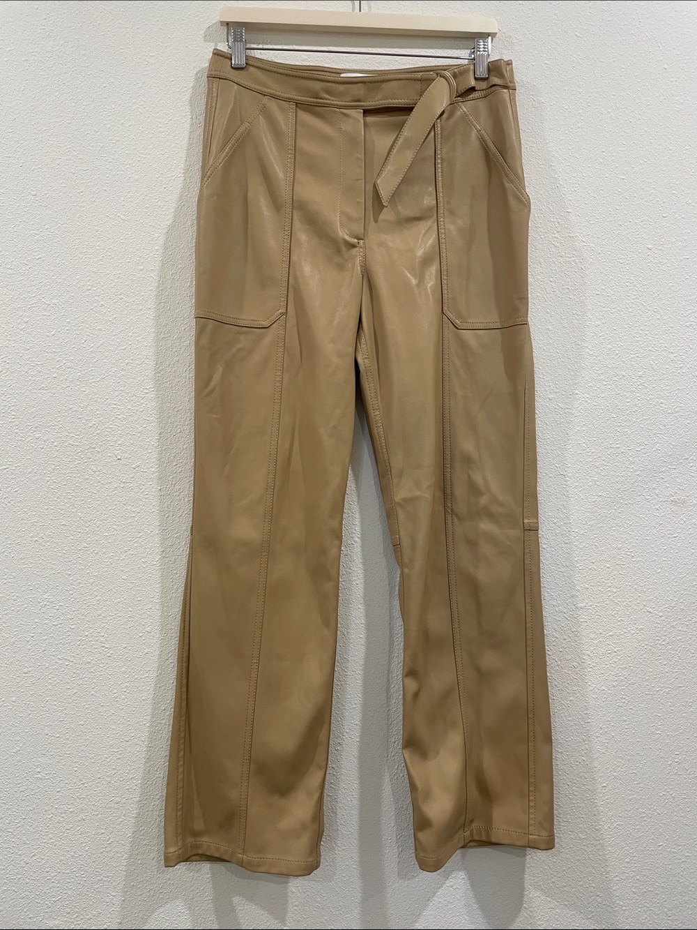 Jonathan Simkhai Tan Faux Leather Wide Leg Pants Belt Fall Autumn Size 8